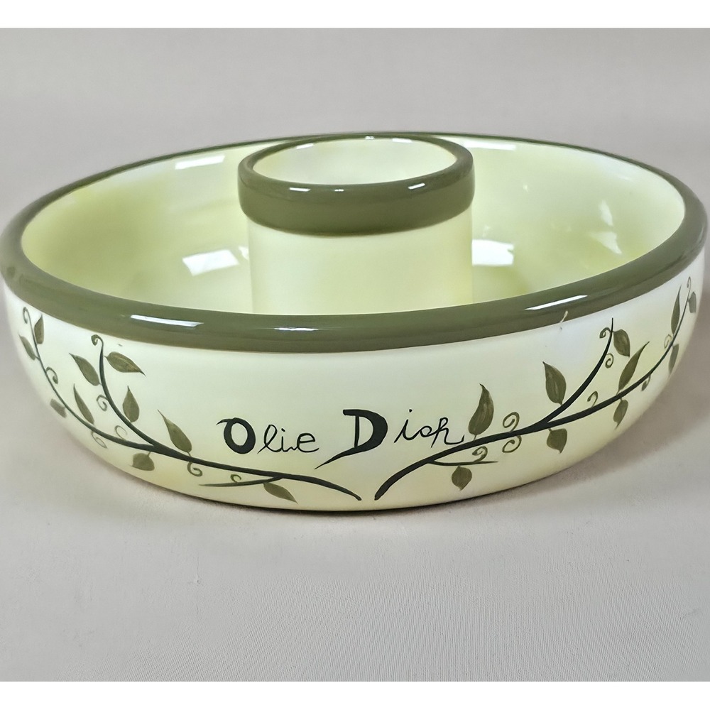 Hand Painted Ceramic Olive Dish Yellow Wash Green Trim Toothpick Holder 6.5"